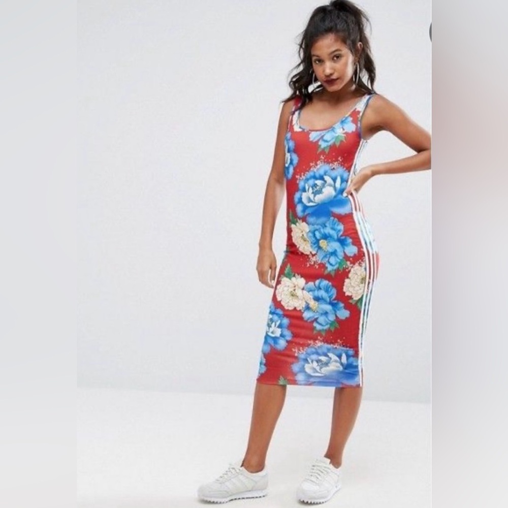 Adidas Originals x FARM Rio Chita Tank Dress Bodycon Stripes Floral Red M RARE
